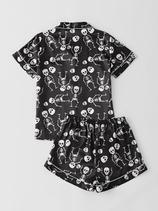 Ensemble de pyjama à imprimé crâne d'Halloween en tissu satiné doux pour se détendre à la maison ou sortir - Product Image 2