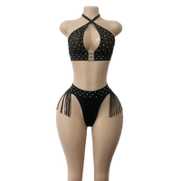 Ensemble de danse de salon deux pièces pour femme, style bikini, avec strass AB, sexy et exotique, en nylon à franges, comprenant un haut et un string
