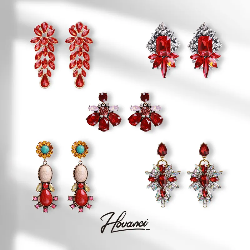 HOVANCI Anting-Anting Tetesan Lapisan Emas Berlian Imitasi Merah Korea Elegan Mode Bling 9 Anting Kristal Turquoise