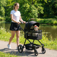 Poussette pliable 3 en 1 pour animaux de compagnie, pour chiens et chats de petite/moyenne taille, avec sac de transport amovible et panier de rangement, et cadre pliable à un bouton