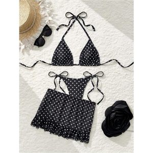 FOXA Women's 3 Piece Halter <b>Bikini</b> Set Polka Dots Triangle <b>String</b> Swimsuit With Beach Cover Up Skirt - Product Image 4