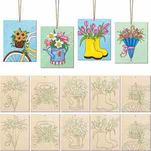 Lot de 10 kits de peinture DIY pour enfants avec gabarit de ligne gravé au laser, artisanat en bois pour graffitis et décorations suspendues - Product Image 2
