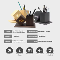 Porte-stylo de bureau en bois/bambou Rhombus, horloge numérique LED, chargeur de téléphone sans fil - Couleur et taille personnalisées |   Services