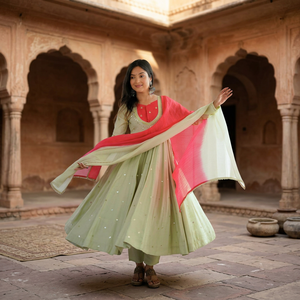 Conjunto de Vestido Anarkali con Pantalón y Dupatta para Mujer, Diseño Elegante, Seda Romana, Corte Amplio, Largo hasta el Tobillo, Sin Arrugas, para Fiestas y Eventos - Product Image 1
