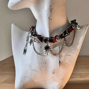 Trendy Y2K Red Leather with <strong>Black</strong> <strong>Heart</strong> &amp; Spike Charms Gothic Fashion Statement Necklace Jewelry Punk Layered Choker Necklace - Product Image 4