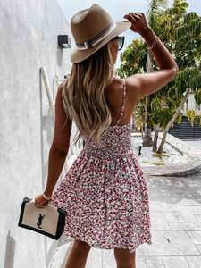 Abito Estivo da Donna con Scollo a V, Vita Elasticizzata, Motivo Floreale e Arricciature, Stile Bohémien per Feste - Product Image 2