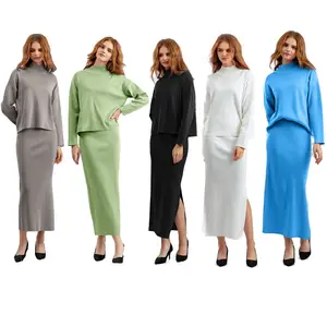 महिलाओं को सुरुचिपूर्ण ढीले स्वेटर 2 टुकड़ा सेट शरद ऋतु महिला विभाजित स्कर्ट सूट बुनाई सूट बुनाई सूट