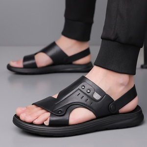 T-Strap Men's <b>Sandals</b> Brown Black Thick Sole Breathable Leather Slip-On Summer Casual Shoes - Product Image 2