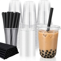 100 Sets de Gobelets Transparents en PET de 16 oz avec Couvercles et Pailles Larges pour Boba |   Sous-verres jetables légers pour boissons froides et bubble tea