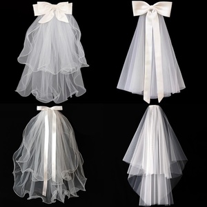 Robe de mariée populaire ODM en style voile appliqué avec nœud, pour adultes et enfants, certifiée, double couche, courte, blanc nacré - Product Image 1