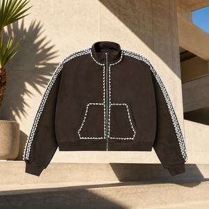 Sweat à capuche zippé marron de haute qualité pour homme, orné de perles et de pierres, col roulé, style streetwear décontracté, 100 % coton - Product Image 3