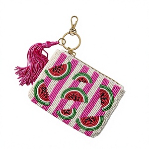 Beaded Watermelon Pattern <b>Coin</b> <b>Purse</b> With Tassel Zipper Closure Handmade Bohemian Style Mini Unisex Accessory - Product Image 1