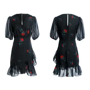 Deep V Neck Elastic Half Sleeves Sexy Black Chiffon with Red Rose Print Floral Dress with Ruffles
