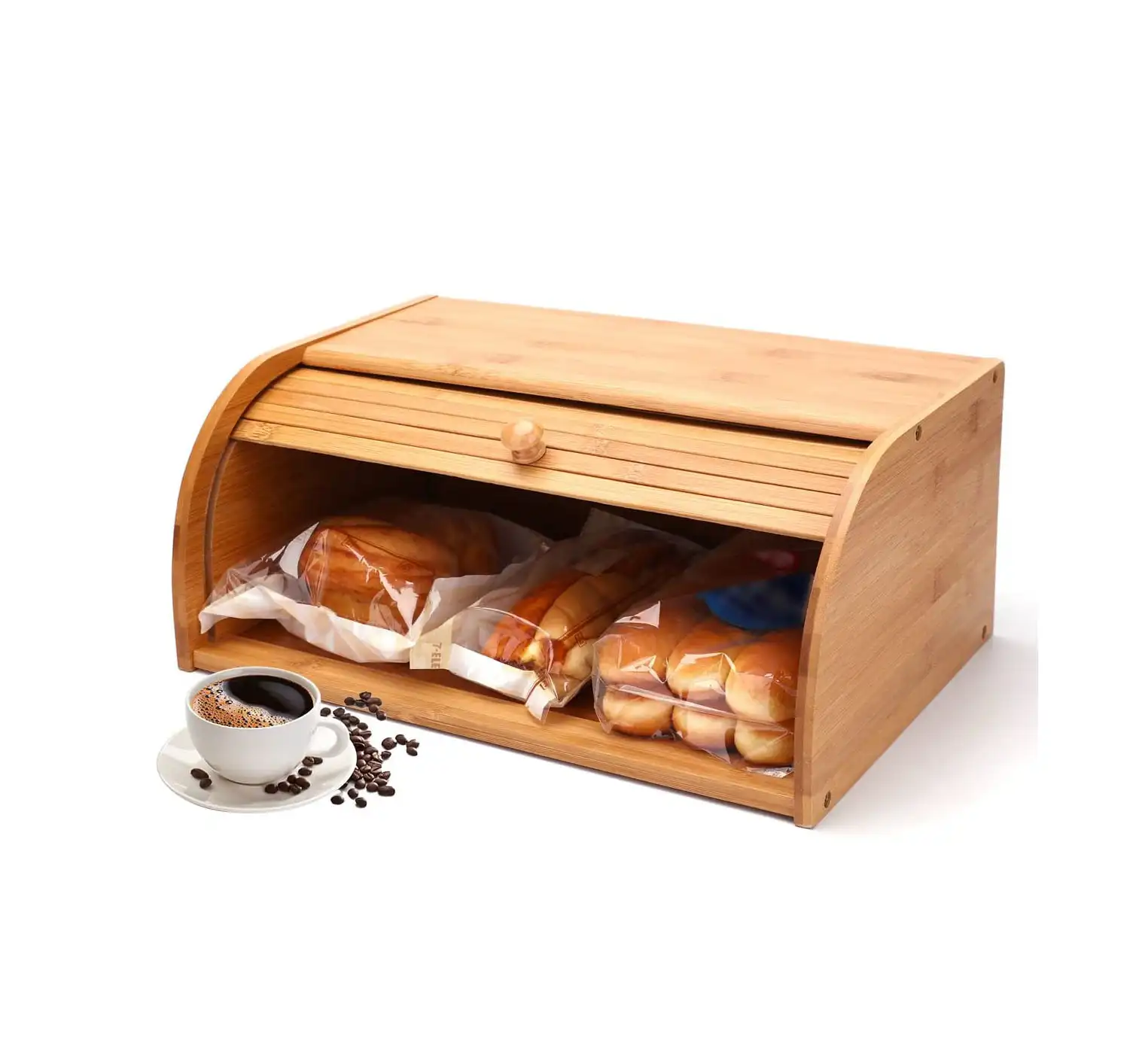 Caja de pan de bambú, contenedor grande de almacenamiento de pan de bambú con tapa enrollable de madera para cocina