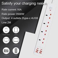 Multiprise UK avec protection contre les surtensions, 4 prises, 4+2 ports USB, câble de 2 m, indice de protection IP22, 13A