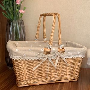 Rattan Woven Storage <b>Basket</b> Rectangle Handmade Linen Lining With Handle For Fruit <b>Egg</b> Picnic Shopping - Product Image 1