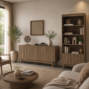 Buffet moderne en chêne cannelé avec accents en pierre pour salon et salle à manger - Product Image 4
