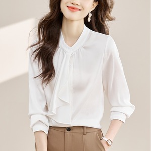 8742 # moda estilo coreano blusa mujer blanco de manga larga sólido satén blusas camisa con <span class=keywords><strong>volantes</strong></span> - Product Image 3