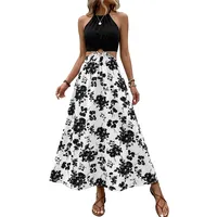 Robe décontractée à col halter, imprimé floral noir et blanc, tenue pour les vacances d'été