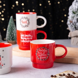 Christmas Ceramic OEM Porcelain 4pcs in <strong>Set</strong> <strong>Stacking</strong> Coffee Cup Custom <strong>Mug</strong> with Iron Stand - Product Image 5