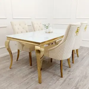 Nordic New Style Luxury Ss Dinning Room <strong>Table</strong> <strong>And</strong> 6 <strong>Chairs</strong> With <strong>Metal</strong> Gold Legs Stainless Base Glass Dining <strong>Table</strong>