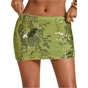 FOXA Women's Floral Print <b>Sequin</b> Bodycon Mini <b>Skirt</b> Summer Night Out Club Party Dress Green - Product Image 1
