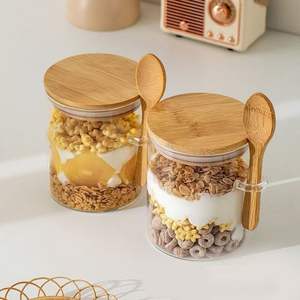 Pot en verre hermétique, boîte à thé portable avec cuillère, couvercle en bambou et en bois, rangement rond, boîte à café anti-humidité - Product Image 3