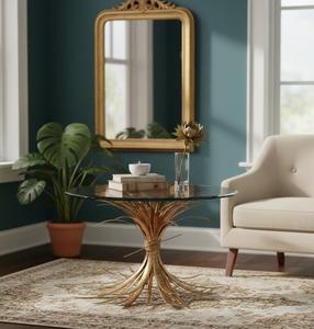 Modern Wheat <b>Console</b> <b>Table</b> Antique Iron Frame Gold Finish <b>Glass</b> Top Stylish Minimalist Design Living Room Furniture - Product Image 2