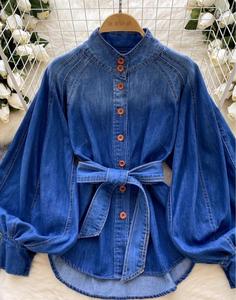 Nuova <span class=keywords><strong>camicia</strong></span> da <span class=keywords><strong>donna</strong></span> in Denim a maniche lunghe in vita autunnale con collo alto largo Casual Vintage - Product Image 2