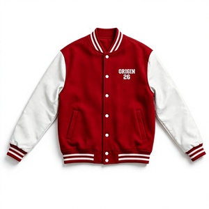 Veste universitaire pour homme en laine avec manches en cuir, style baseball, patch brodé, col rond, décontractée, hiver, polaire, streetwear - Product Image 1
