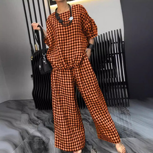 Ensemble décontracté à carreaux pour femmes, pantalon large à cordon de serrage et boutons au dos, tendance - Product Image 6