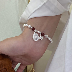S925 Sterling Silver Peace Charm <b>Bracelet</b> With Red Agate <b>Beads</b> For Women Gift Jewelry - Product Image 1