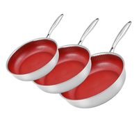 3Pcs Set Wajan Penggorengan Anti Lengket Lapisan Keramik Merah, Tri-Ply Stainless Steel, Induksi, Hybrid, Bebas PFAS, Aman untuk Oven