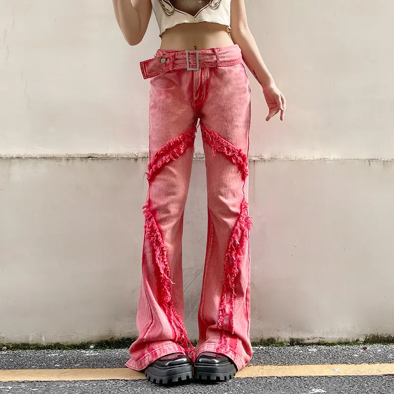 Hip hop style stone wash Y2K streetwear pink flared jeans 2022 fashion clothing women Y2K pants denim jeans wholesale