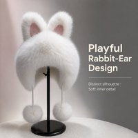 Chapeau d'hiver en fausse fourrure blanche avec oreilles de lapin, longues attaches et pompons, chapeau en peluche de lapin