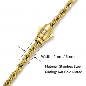 Corrente de Corda Torcida em Aço Inoxidável Banhado a Ouro PVD <span class=keywords><strong>14K</strong></span> <span class=keywords><strong>4mm</strong></span> 6mm, Joia Hip Hop Antiferrugem para Mulheres e Homens - Product Image 2
