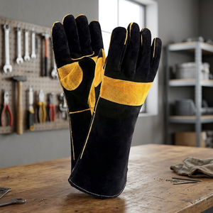 Leather Heat Resistant Safety <b>Gloves</b> 14 Inch Straight Cuff Anti-Heat Abrasion Resistance Black with Yellow Trim - Product Image 4
