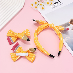 Ensemble d'accessoires pour cheveux pour filles : pinces à cheveux en tissu personnalisées avec nœuds crayon et design créatif, et bandeaux pour la rentrée scolaire - Product Image 1
