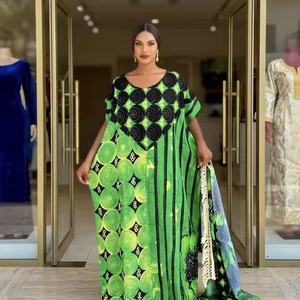 Nouvelle <span class=keywords><strong>Robe</strong></span> Décontractée d'Été Africaine pour <span class=keywords><strong>Femme</strong></span>, Grande <span class=keywords><strong>Taille</strong></span>, Ample et Élégante, Imprimée avec Strass, Style Ethnique et Foulard Intégré - Product Image 1