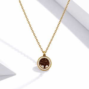 Collier Médaillon Arbre en Acier Inoxydable avec Zircon, Plaqué Or 14K sous Vide, Pendentif Halo et Chaîne Fine - Product Image 1
