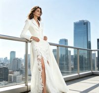 Robe de soirée blazer à manches longues pour femme, robe longue en dentelle blanche grande taille, robe de soirée élégante fendue pour mariage et fête