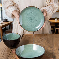 Bol en céramique de luxe nordique moderne, vaisselle, bol de table, assiette créative, vaisselle en grès vert, ensemble de vaisselle, ensemble de service
