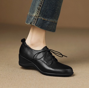 Leather belt buckle single layer sheepskin shoes <b>pointed</b> <b>toe</b> solid color leather shoes Mid Calf - Product Image 3