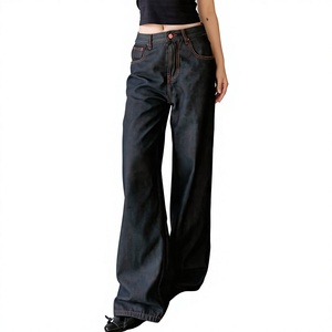 <b>Women</b> Vintage Dark Wash Wide Leg <b>Jeans</b> Low Rise <b>Baggy</b> Fit Denim Pants Red Stitching Streetwear Loose Fit Casual <b>Jeans</b> Custom - Product Image 5