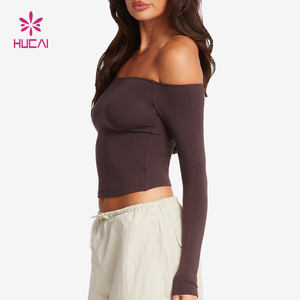 HUCAI Kaos Yoga Lengan Panjang Model Off <span class=keywords><strong>Shoulder</strong></span> Bahan Ringan 75% Nilon 24% Spandex untuk Wanita - Product Image 3