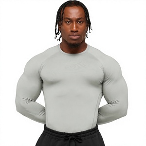 Men's <b>Long</b> <b>Sleeve</b> Compression Shirt Solid Gray O-Neck Slim Fit Quick Dry Knitted Polyester Sporty Workout <b>Top</b> - Product Image 4