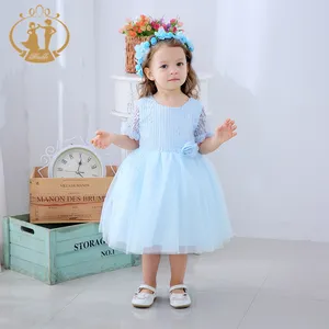 Nimble vestido elegante para meninas, vestido de festa roupas de alta qualidade para bebês, vintage, com estampa de flores, vestido azul claro para meninas