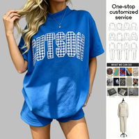 Ensemble décontracté en coton pour femme : T-shirt oversize à col montant et short, imprimé gingham, patchwork de lettres brodées, personnalisable (ODM)
