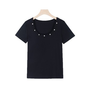 SUHE TS-026 Women's U-<b>neck</b> Short Sleeve T-shirt Mocha Cotton Knitted Breathable Slim Fit Top - Product Image 4