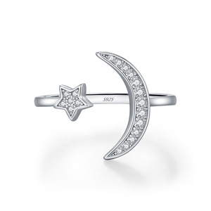 S925 Sterling Silver Delicate Moon and Star Zircon <b>Open</b> <b>Ring</b> Adjustable Stackable <b>Ring</b> for Women Daily Jewelry - Product Image 1